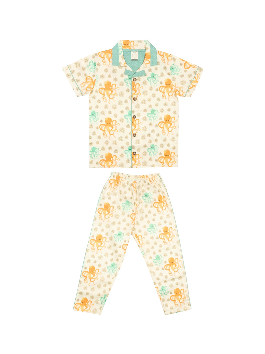 

CASA DE NEE NEE Kids Cream-Coloured & Orange Printed Pure Cotton Night Suit