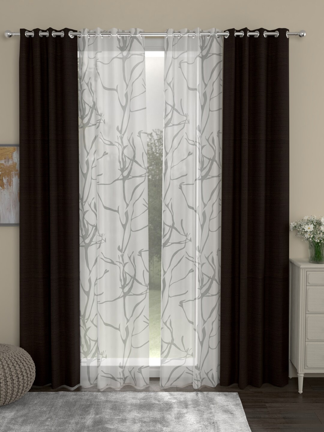 

ROSARA HOME Brown & White Set of 4 Door Curtains