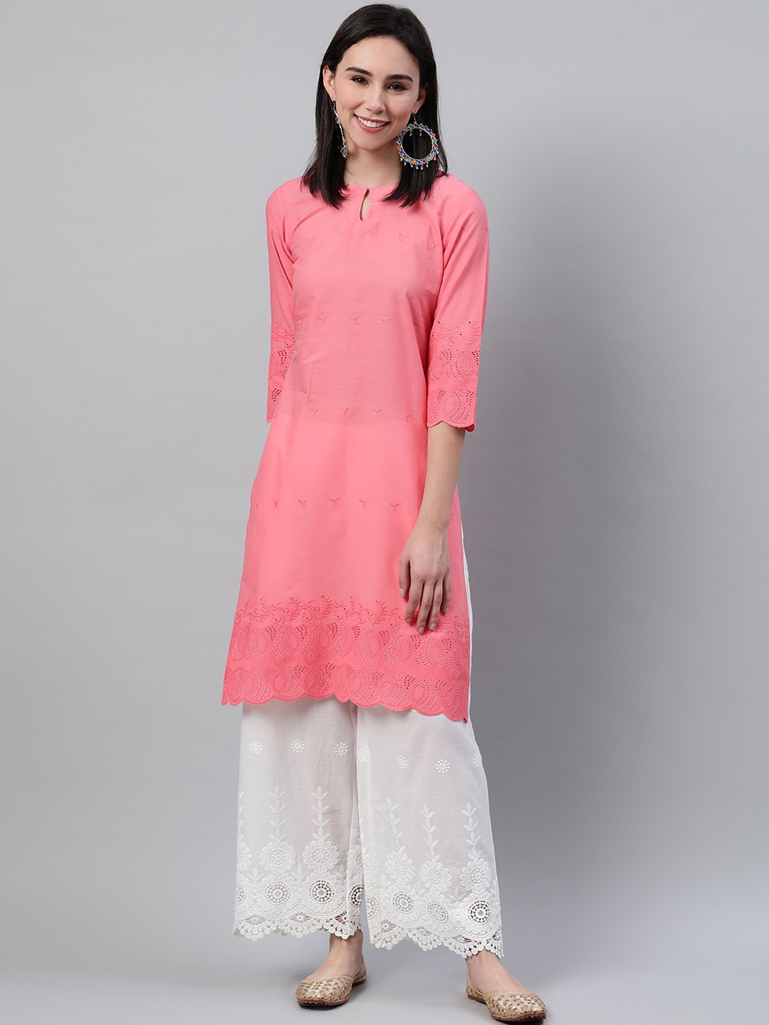 

Libas Women Pink Floral Embroidered Keyhole Neck Thread Work Kurta