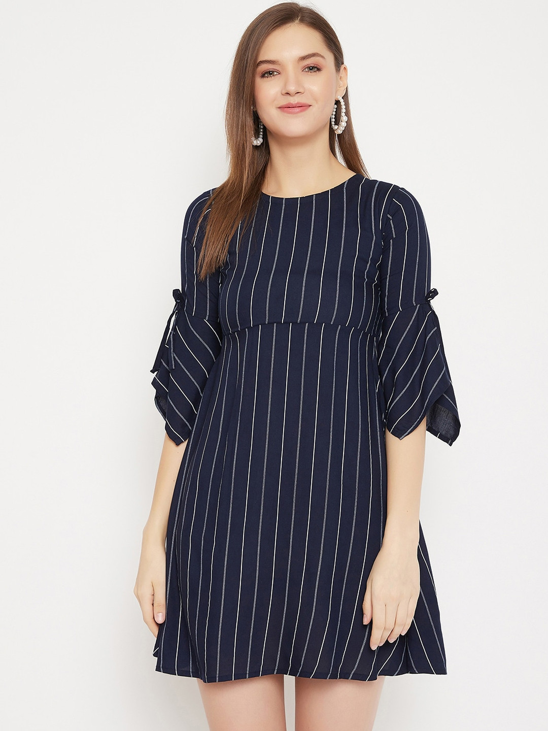 

Purple Feather Women Navy Blue Striped Empire Dress