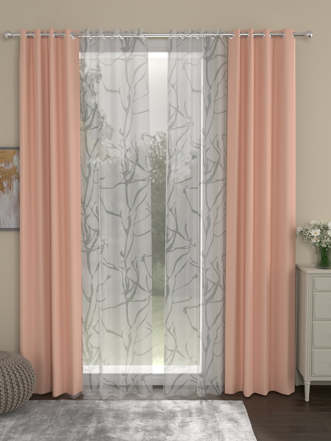 

ROSARA HOME Peach-Coloured & White Set of 4 Black out Long Door Curtains