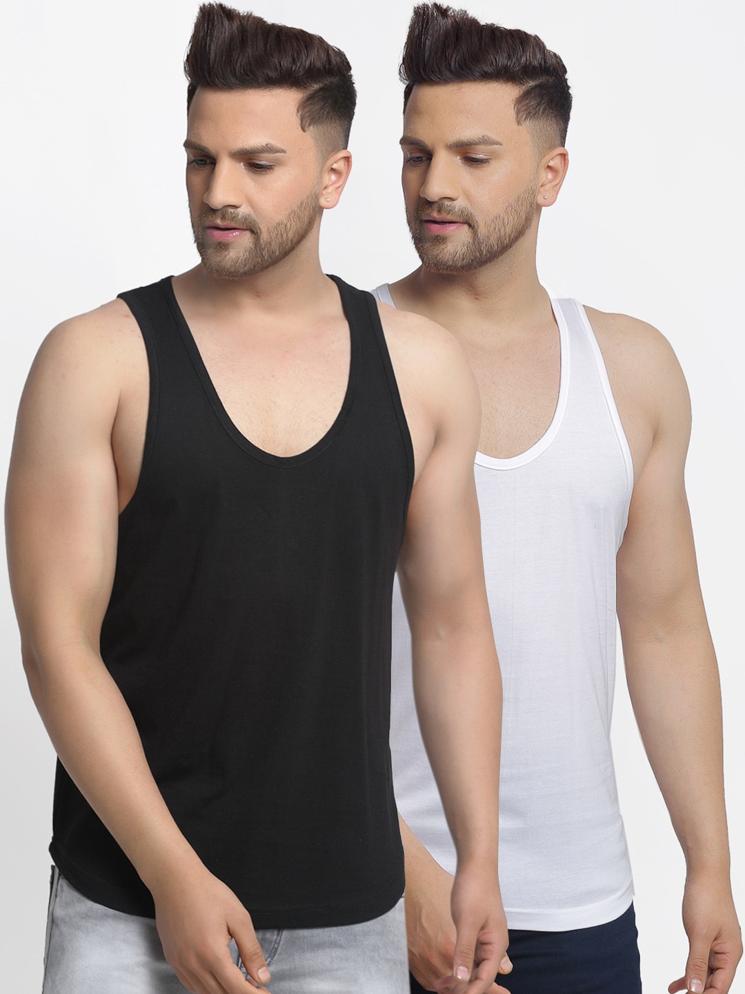 

Friskers Men Pack Of 2 Black & White Solid Cotton Gym Vests