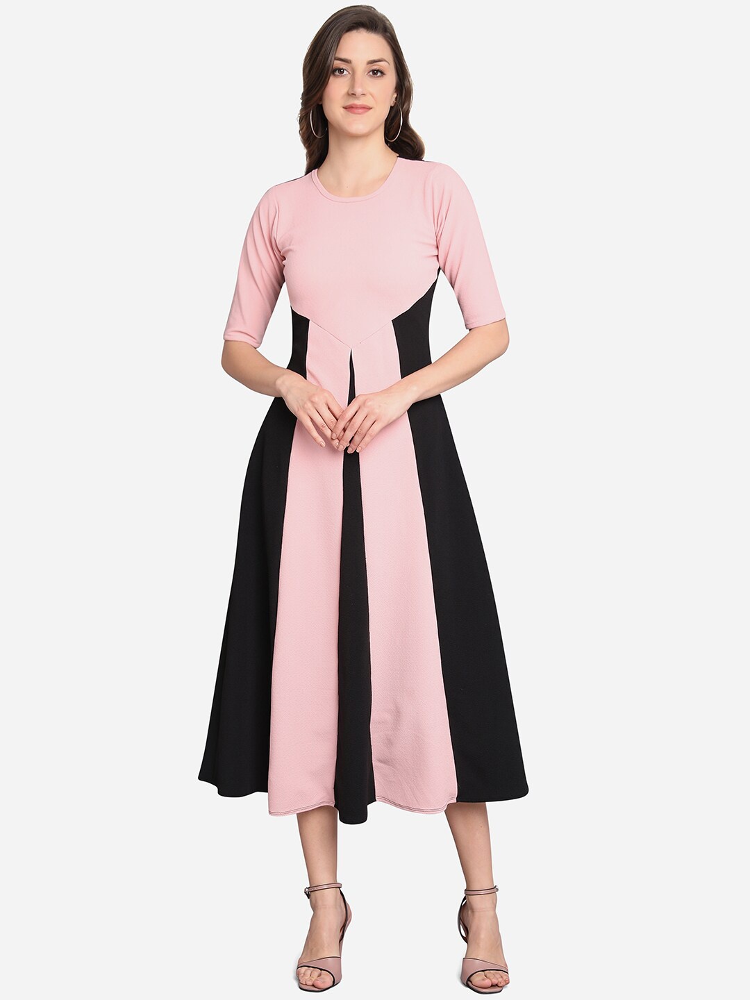 

PURVAJA Women Peach-Coloured Colourblocked Fit and Flare Dress