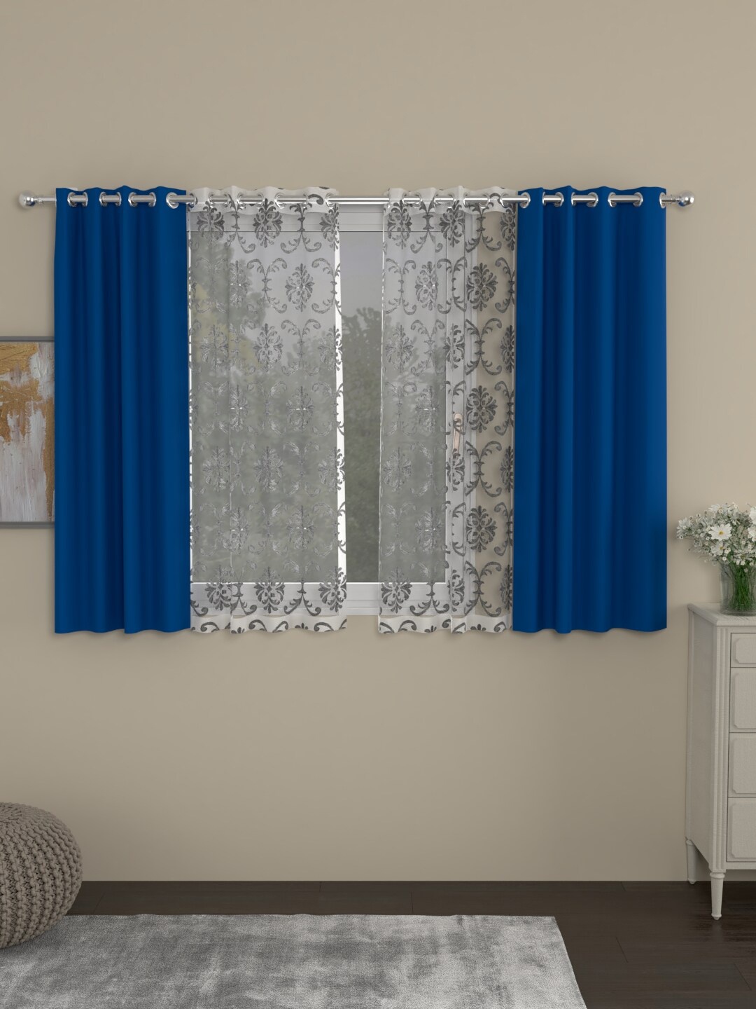 

ROSARA HOME Set Of 4 Blue & Transparent Black Out Window Curtains