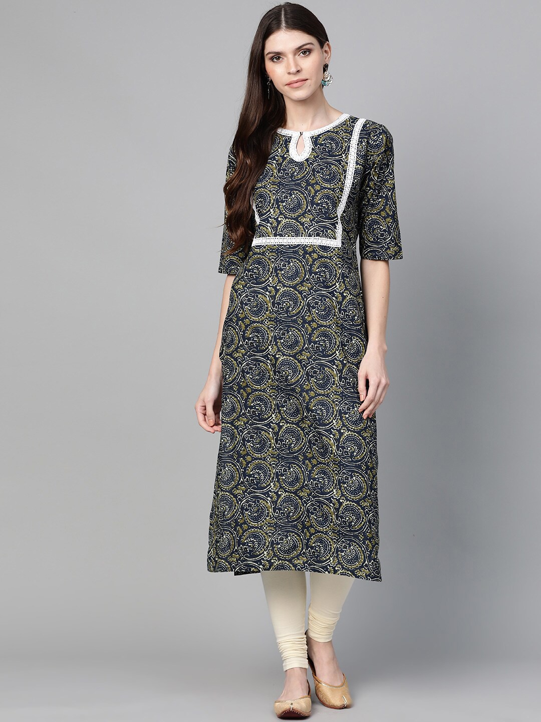 

Bhama Couture Women Navy Blue Ethnic Motifs Printed Keyhole Neck Thread Work Kurta