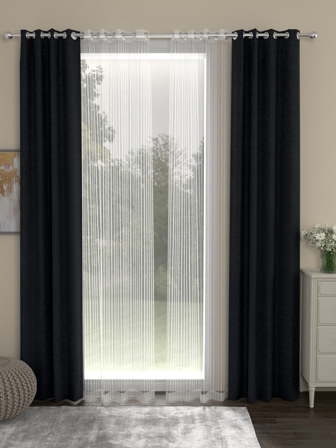 

ROSARA HOME Charcoal & White Striped Set of 4 Long Door Curtains