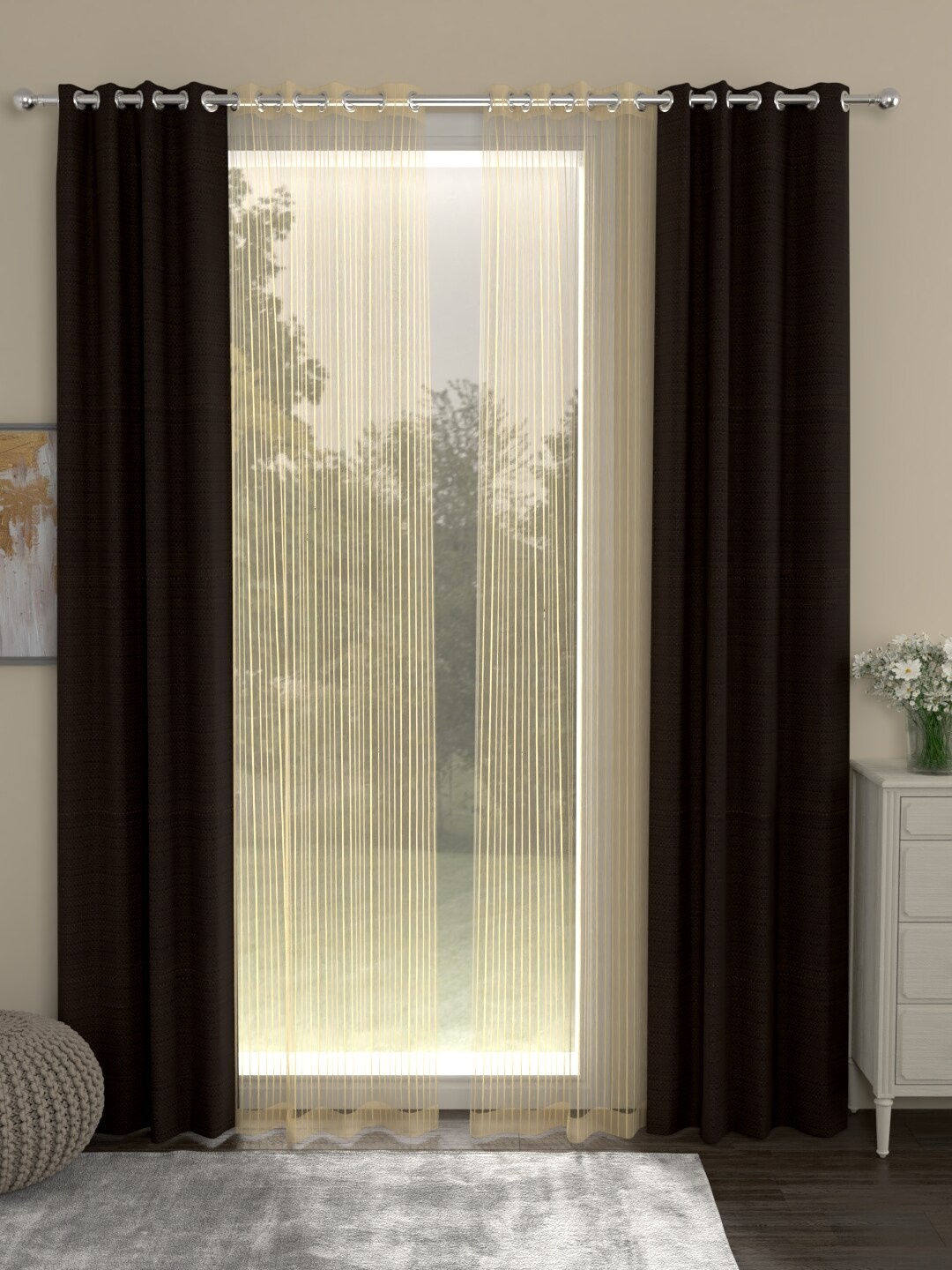 

ROSARA HOME Set Of 4 Brown & Gold-Toned Door Curtains