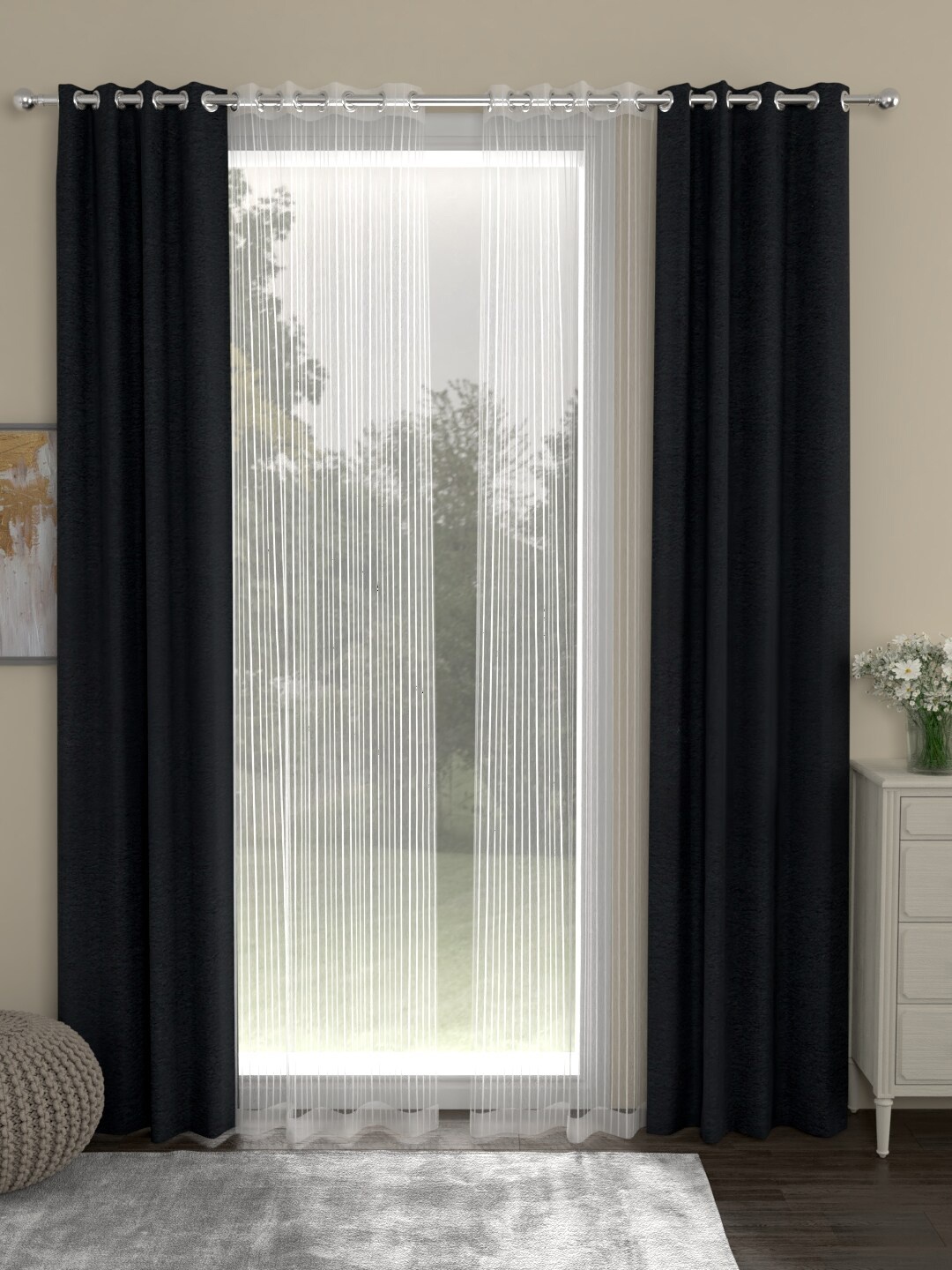 

ROSARA HOME Charcoal Grey & White Set of 4 Regular & Sheer Door Curtains
