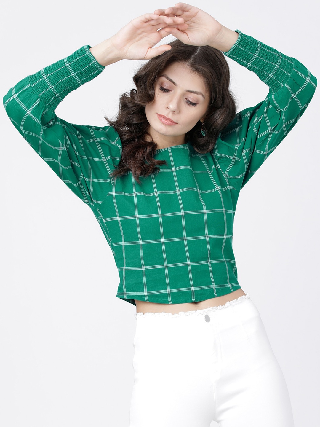 

Tokyo Talkies Green & White Checked Puff Sleeves Regular Crop Top