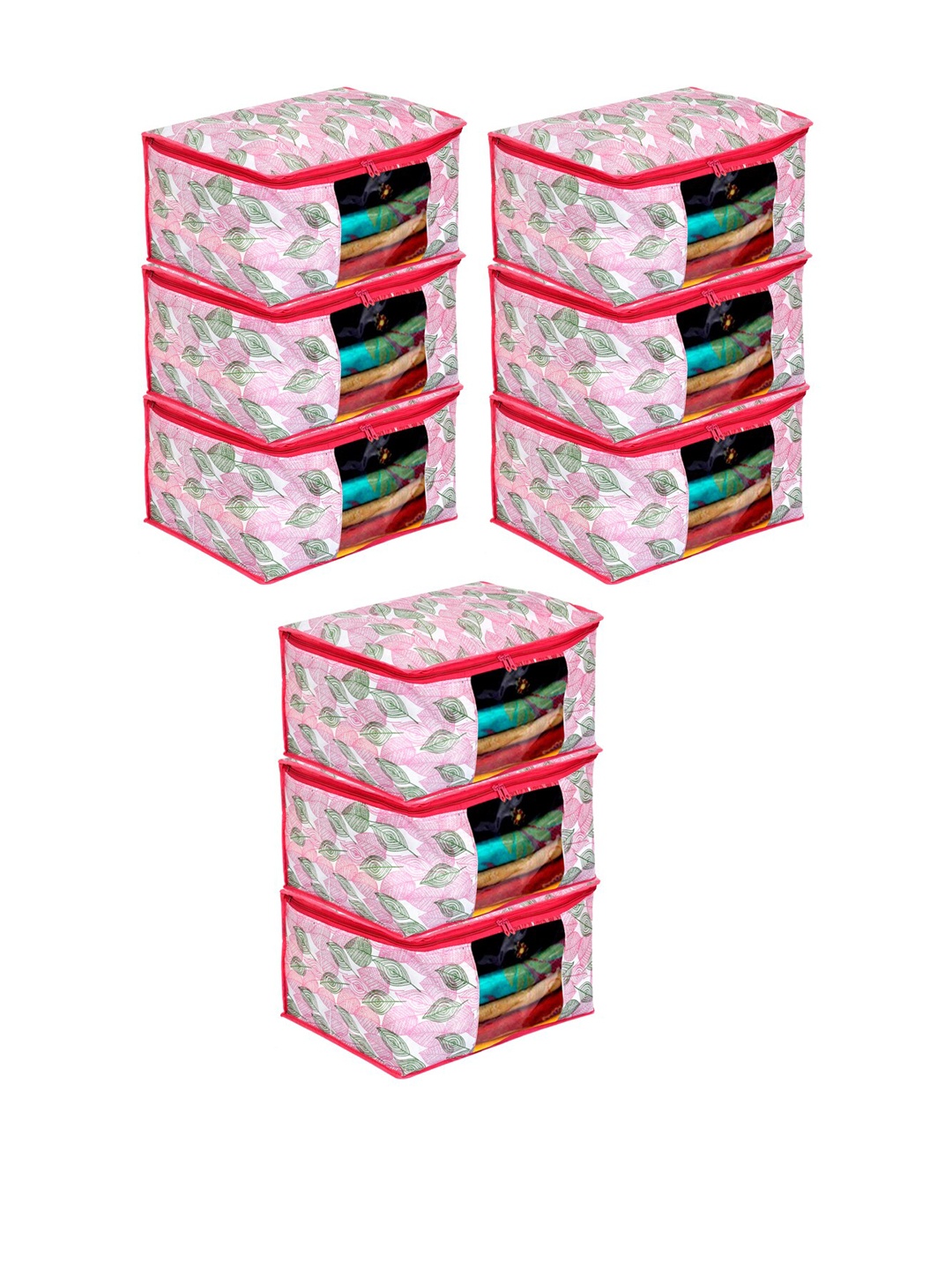 

Kuber Industries Set Of 9 Pink & White Metallic Leaf Printed Saree Organisers