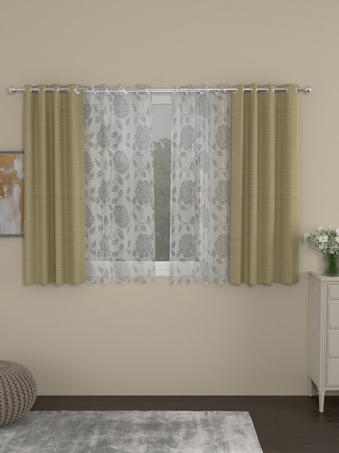 ROSARA HOME Beige & White Set of 4 Regular & Sheer Window Curtains