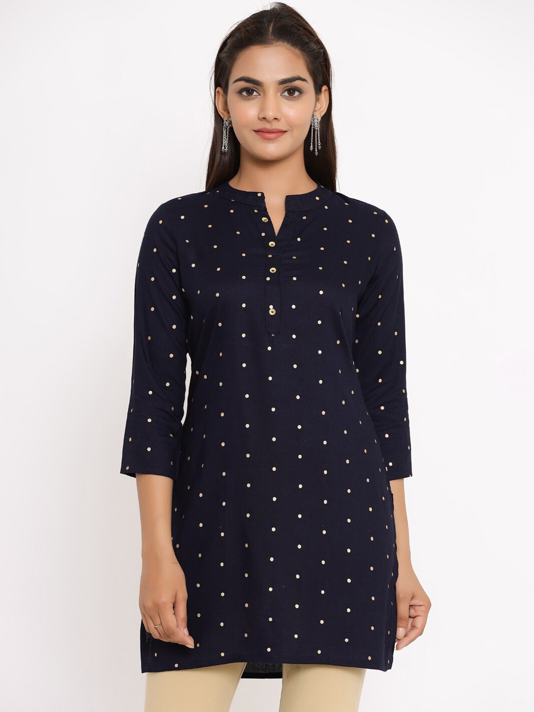 

Fabriko Women Navy Blue & Gold-Coloured Printed Straight Kurti