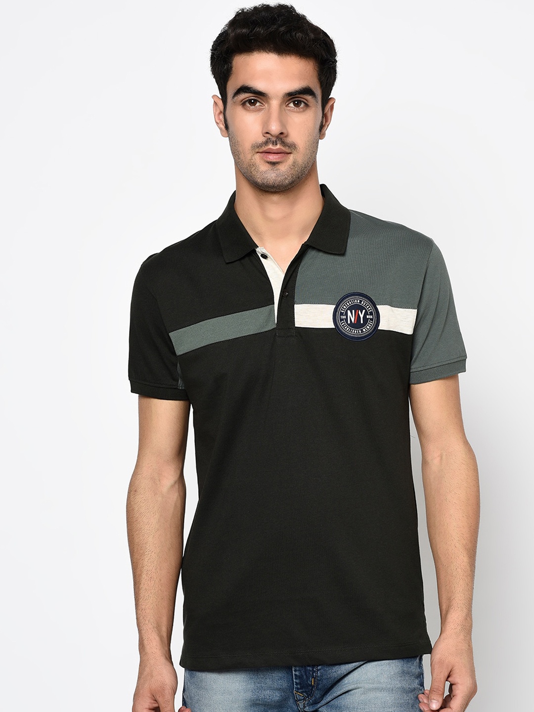 

Octave Men Olive Green Solid Polo Collar T-shirt