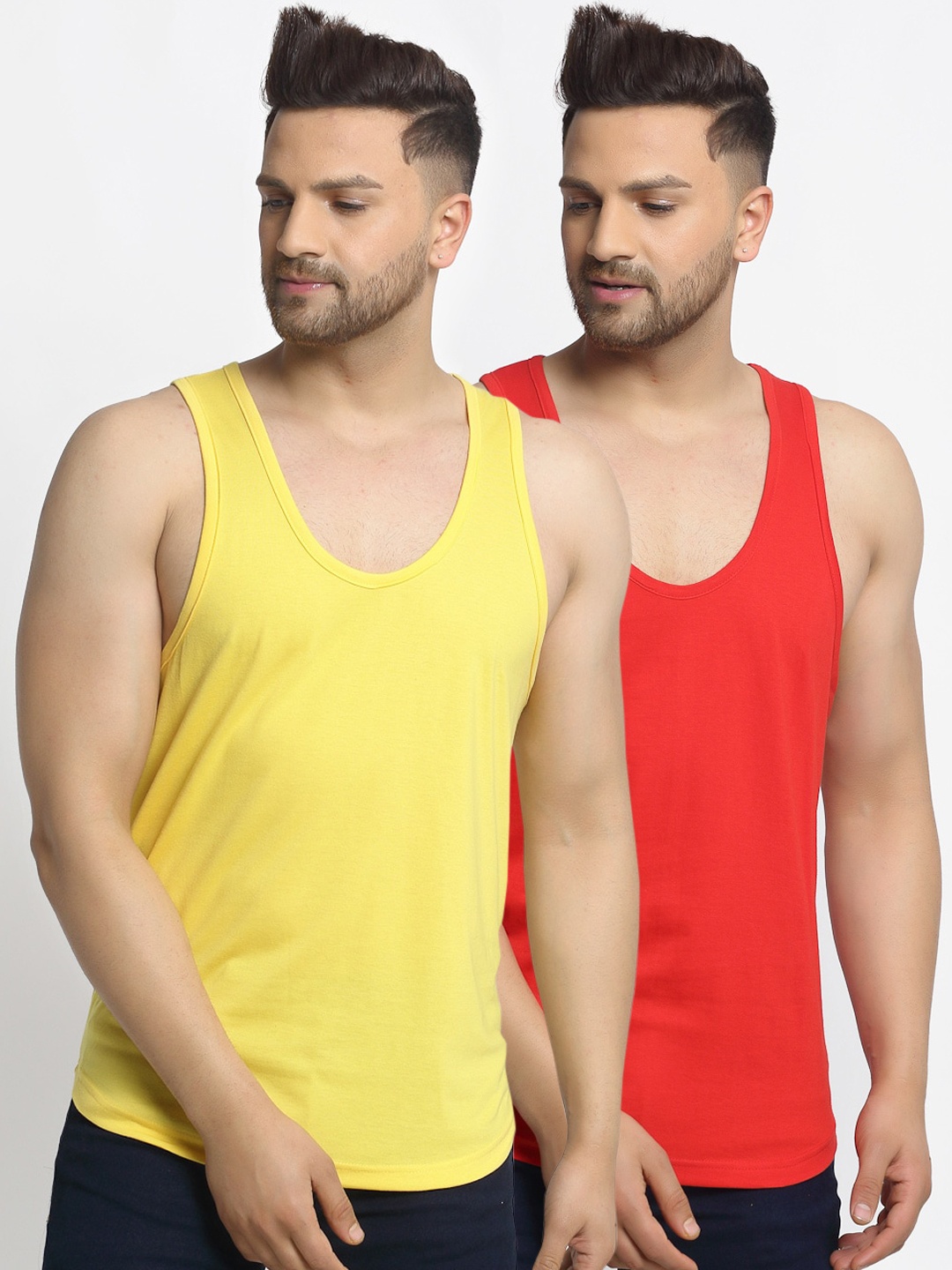 

Friskers Men Pack Of 2 Solid Innerwear Gym Vest, Yellow