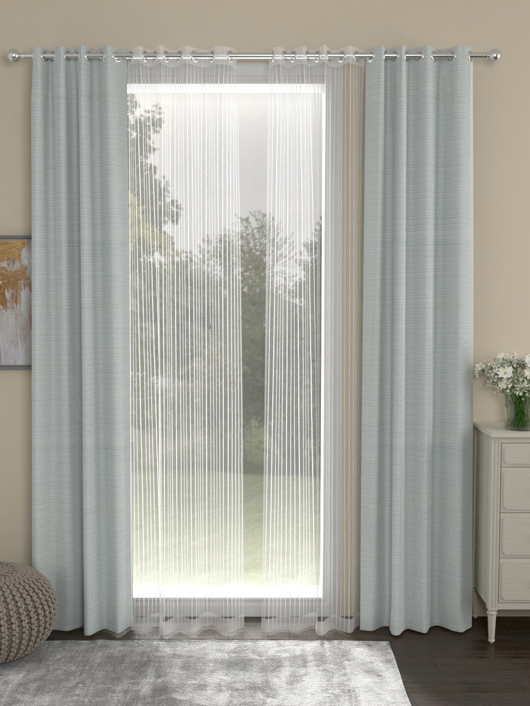 ROSARA HOME Grey & Transparent Set of 4 Regular & Sheer Long Door Curtains