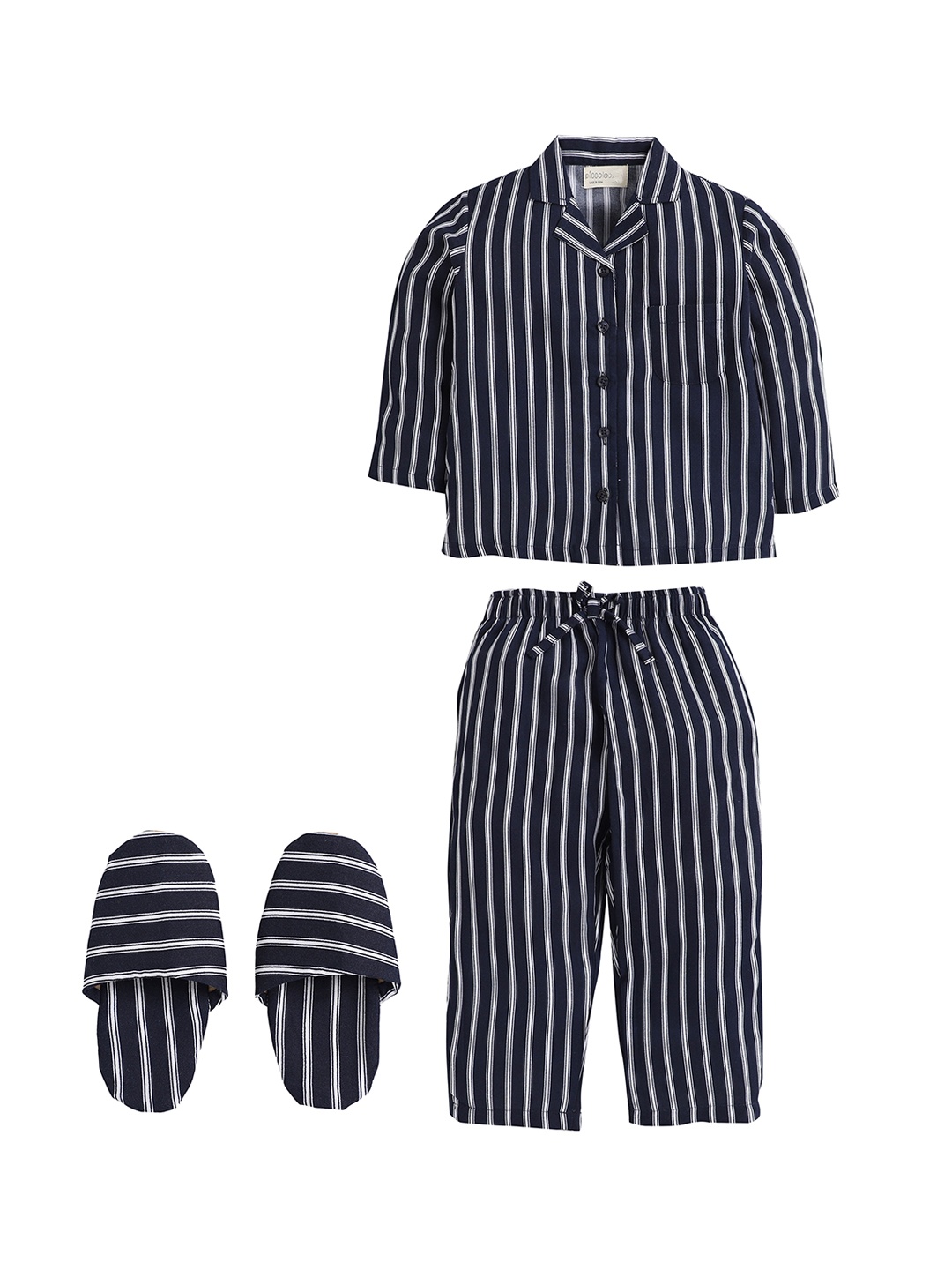 

PICCOLO Girls Navy Blue & White Striped Night Suit with Room Slipper