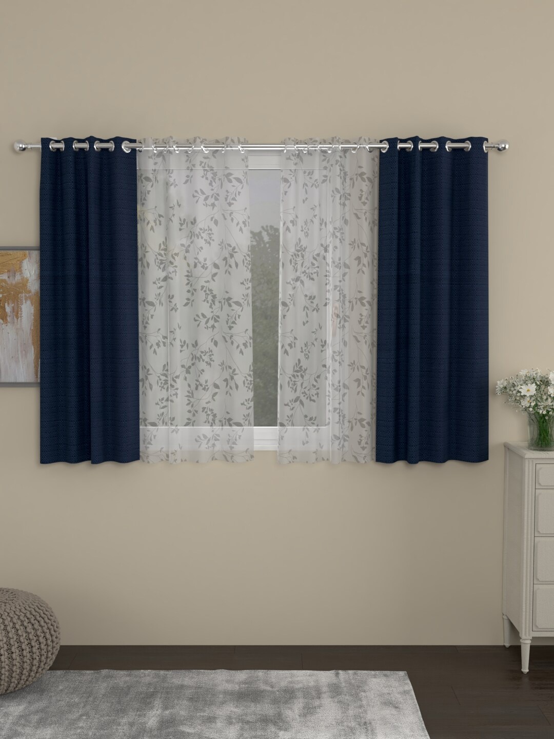ROSARA HOME Navy Blue & White Set of 4 Regular & Sheer Window Curtains