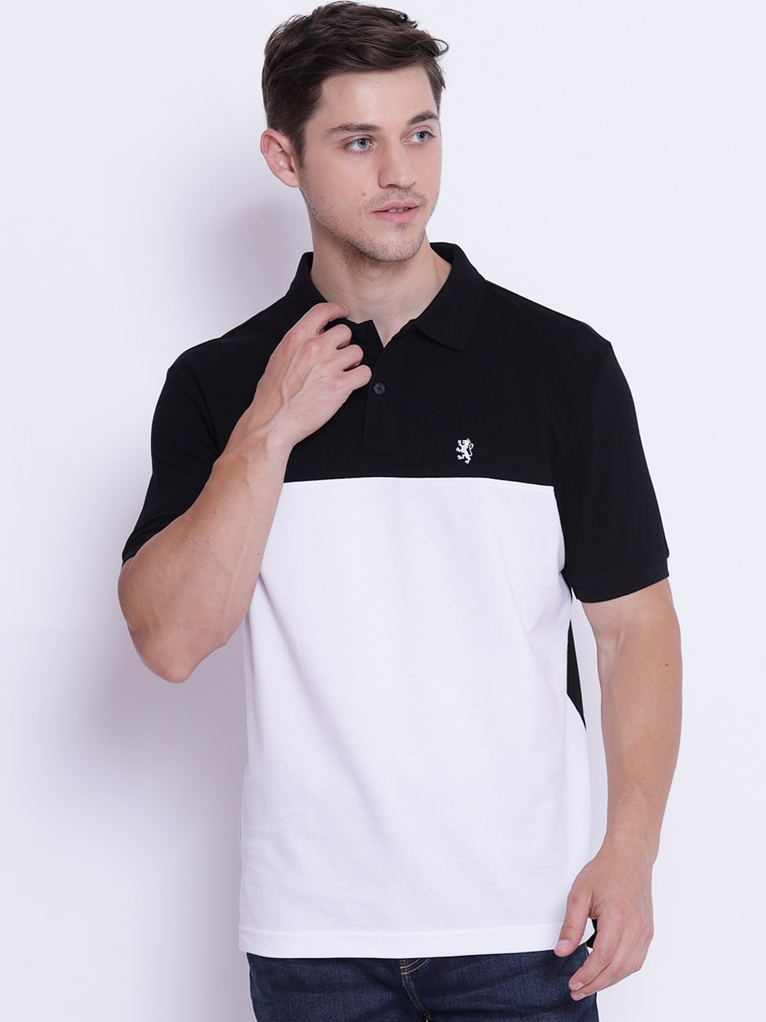 

Red Tape Men Black & White Colourblocked Polo Collar T-shirt