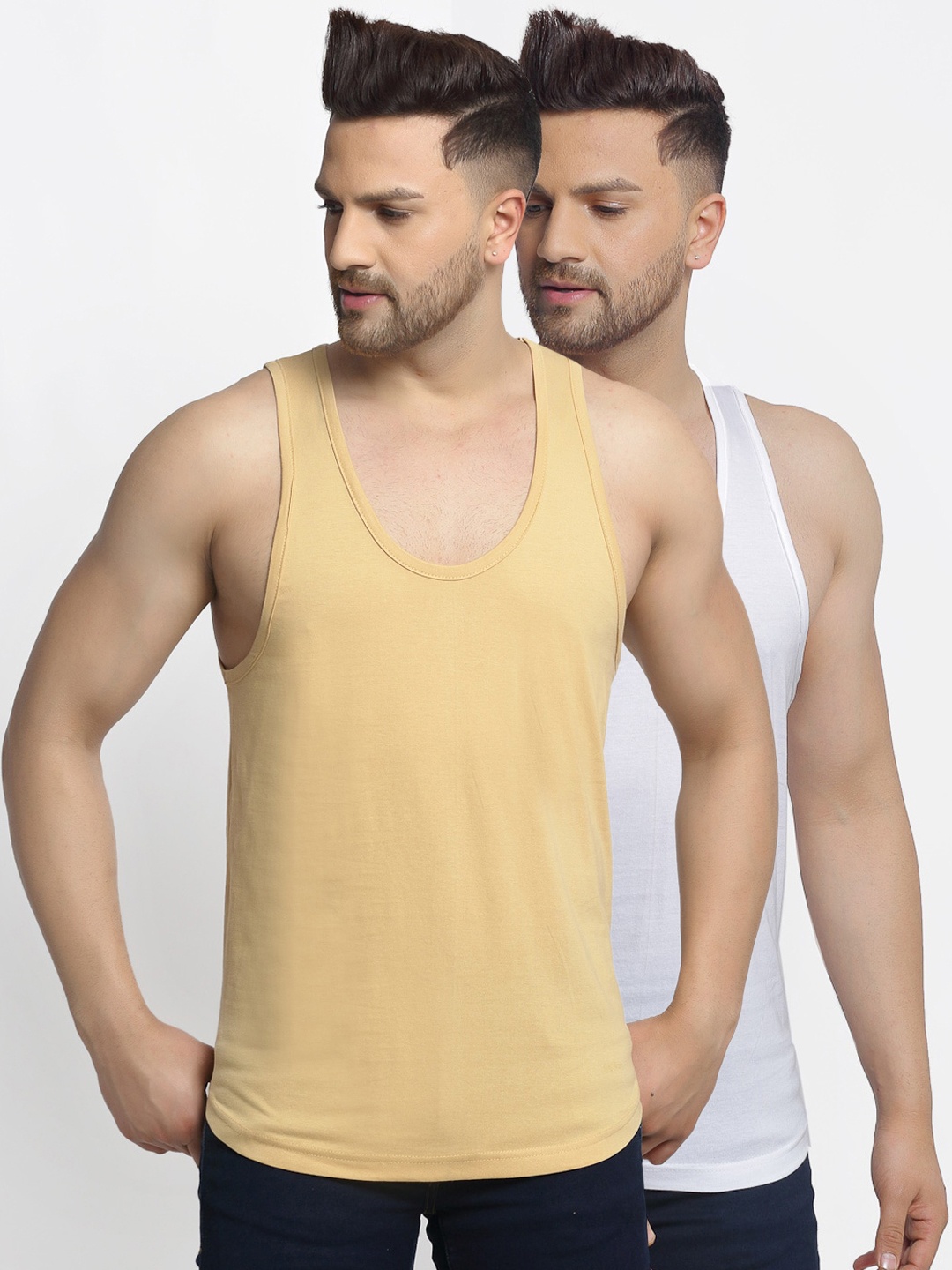 

Friskers Men Pack Of 2 White & Beige Solid Apple Cut Gym Vests