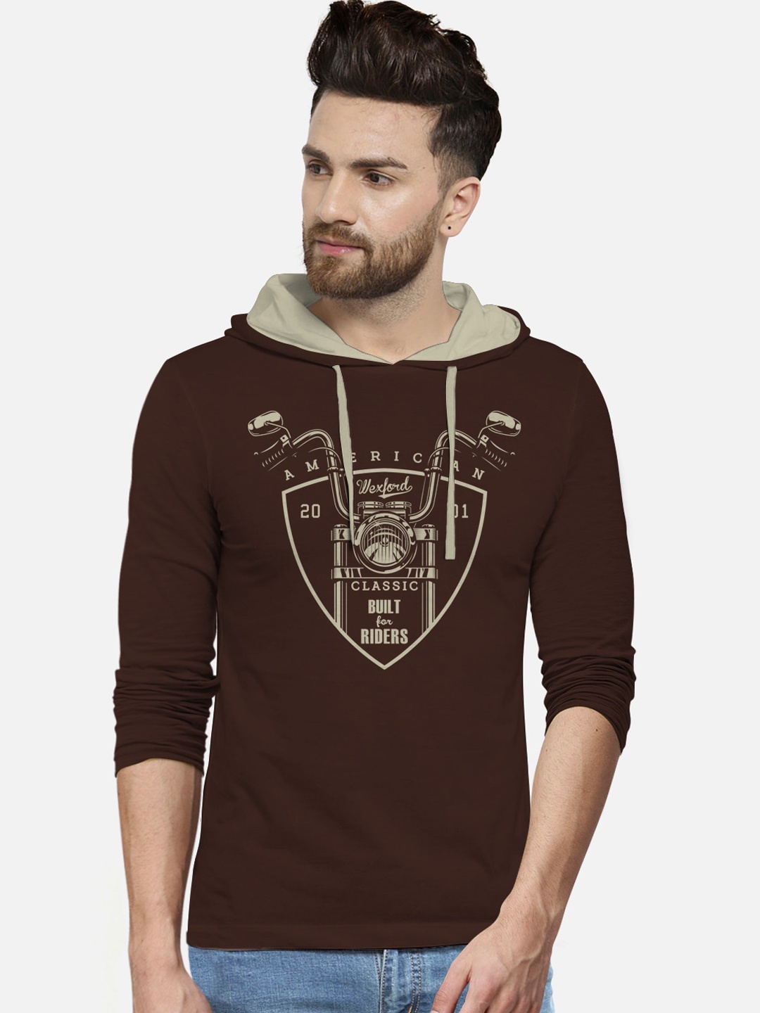 

BULLMER Men Brown Printed Cotton Hood Pure Cotton T-shirt