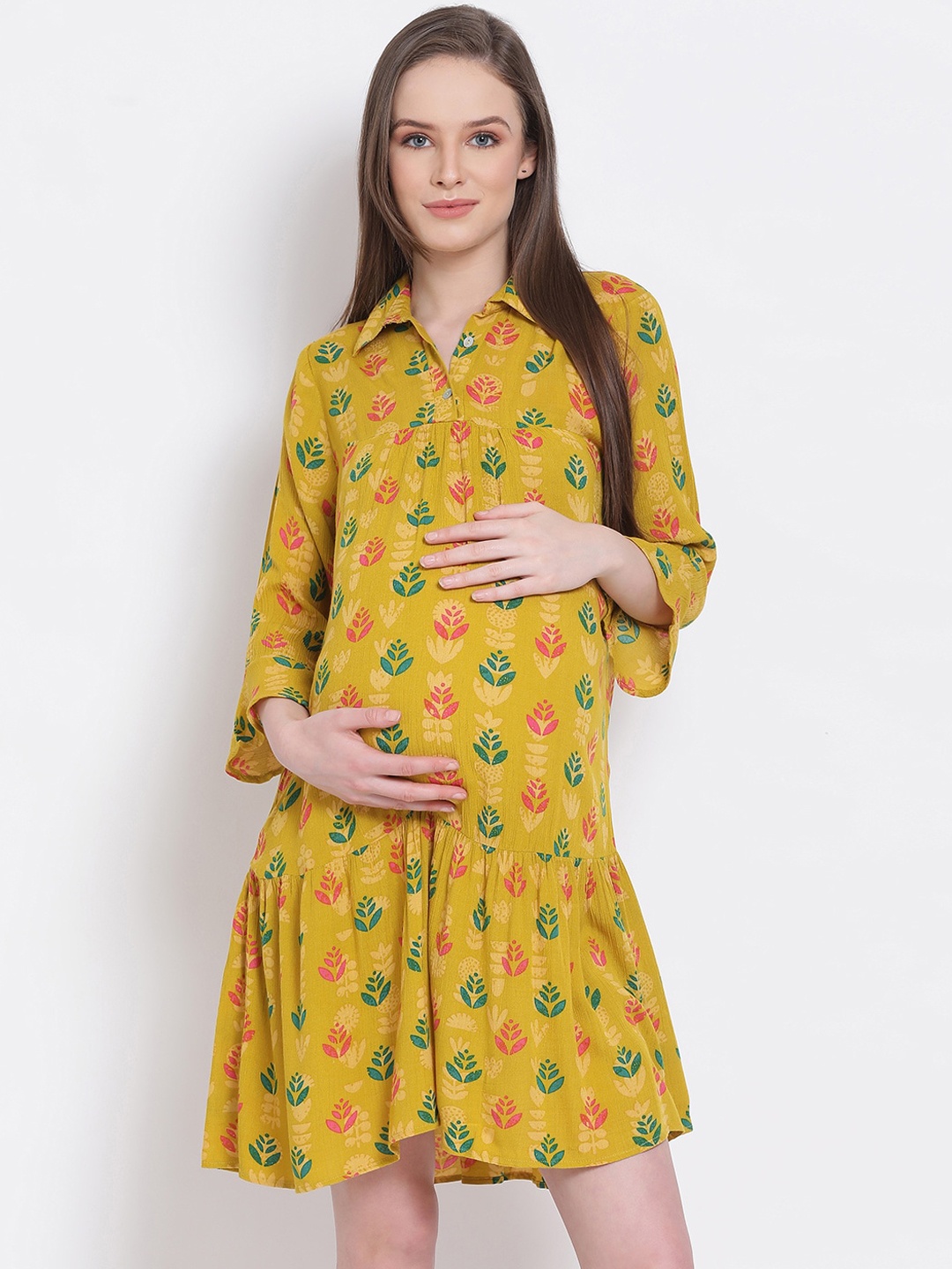 

Oxolloxo Women Yellow Printed Shirt Maternity Dress