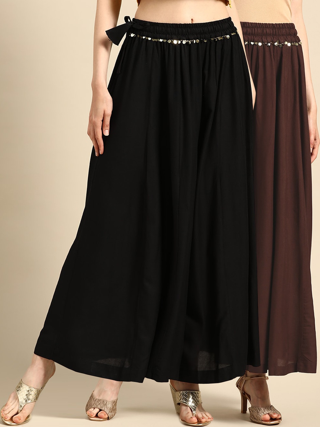 

TAG 7 Women Black & Coffee Brown Solid Flared Palazzos