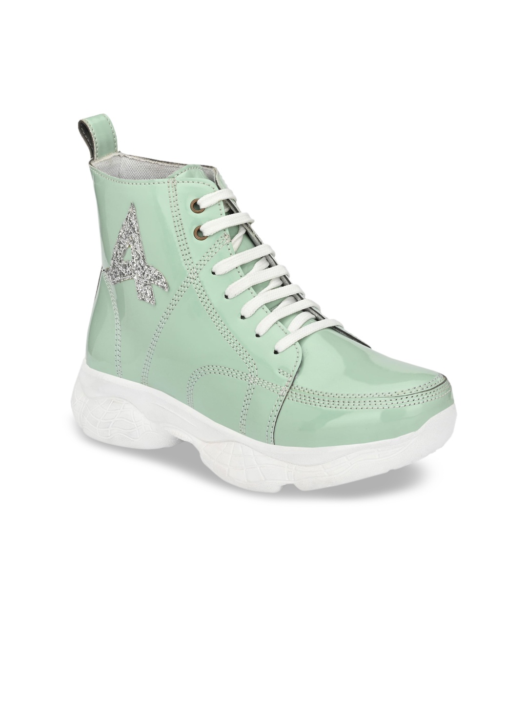 

AfroJack Women Green & Off White Synthetic Leather Mid-Top Sneakers