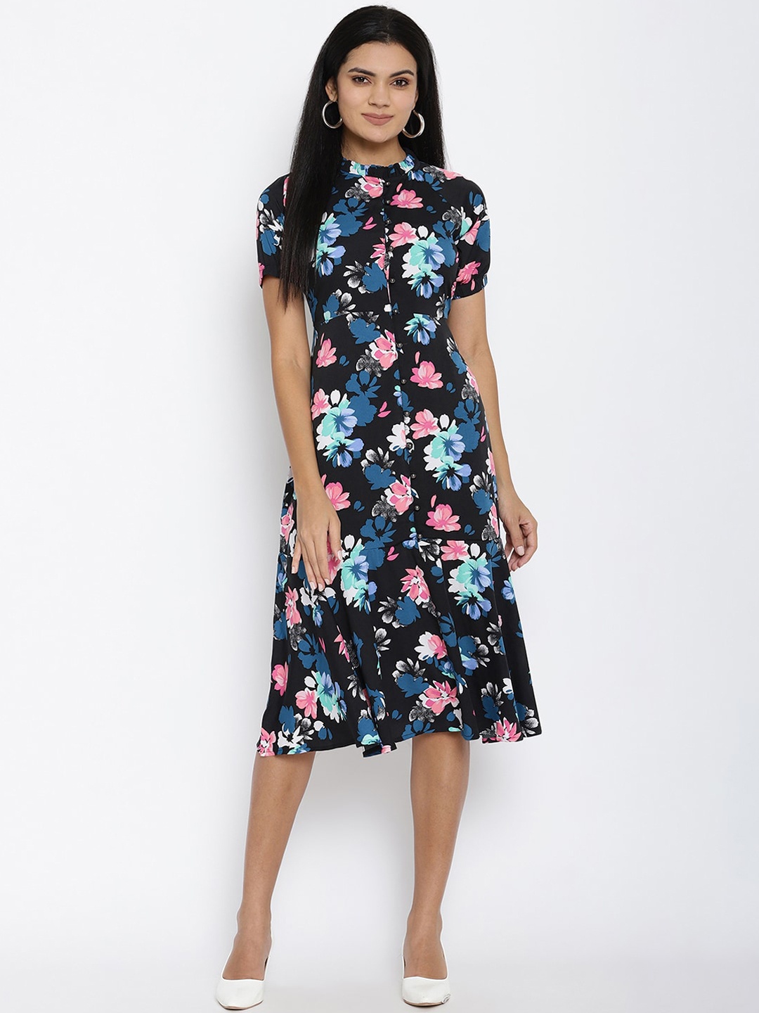 

THREAD MUSTER Women Black Printed Fit and Flare Dress