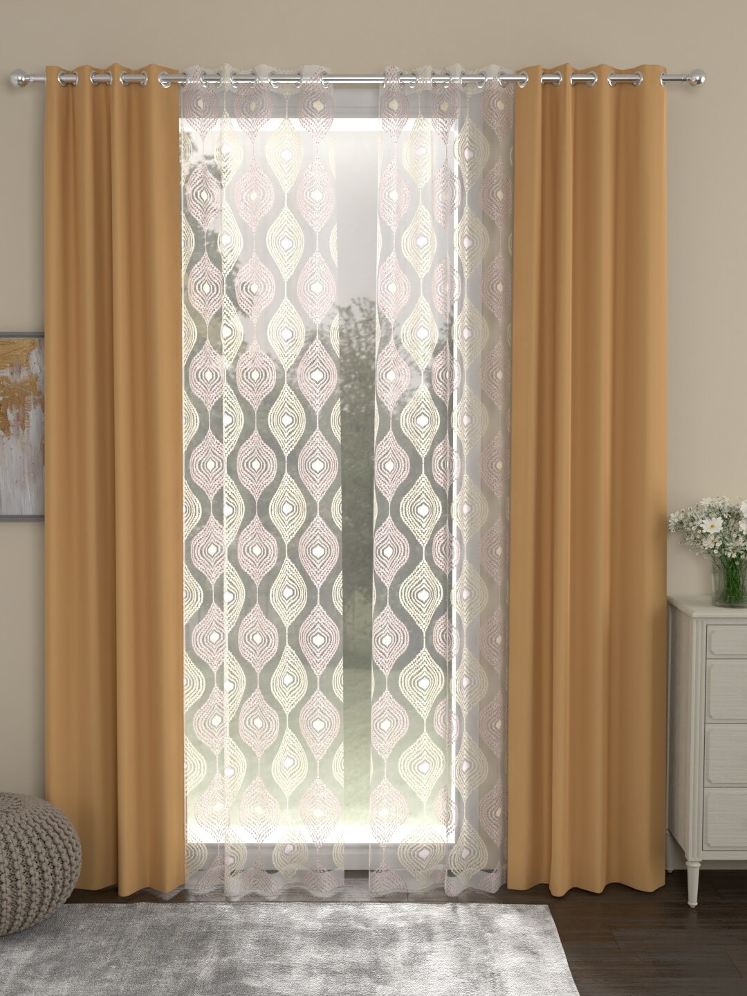 

ROSARA HOME Taupe & White Set of 4 Door Curtains