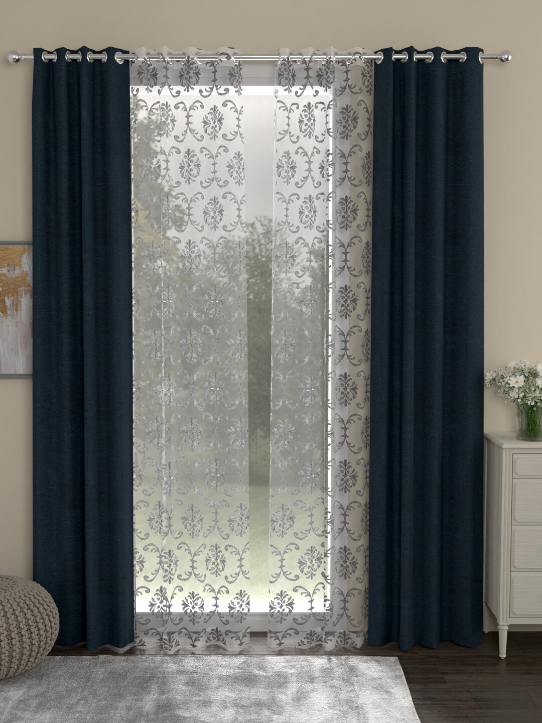 

ROSARA HOME Navy Blue & Silver-Toned Set of 4 Room Darkening Long Door Curtains