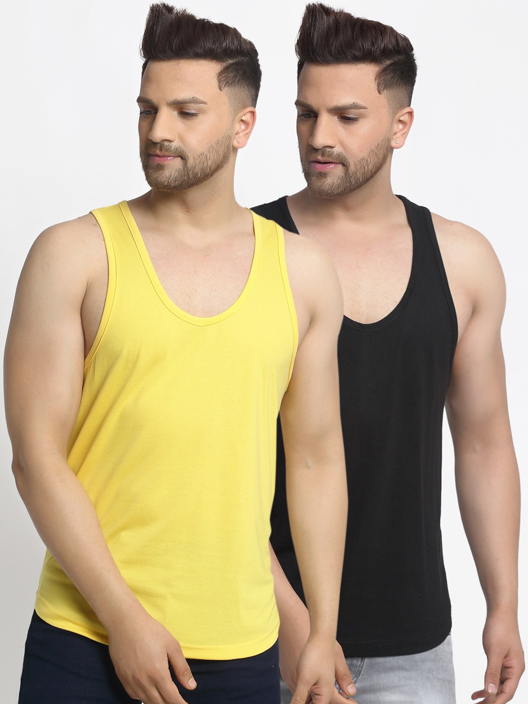 

Friskers Men Pack Of 2 Solid Gym Vest, Yellow