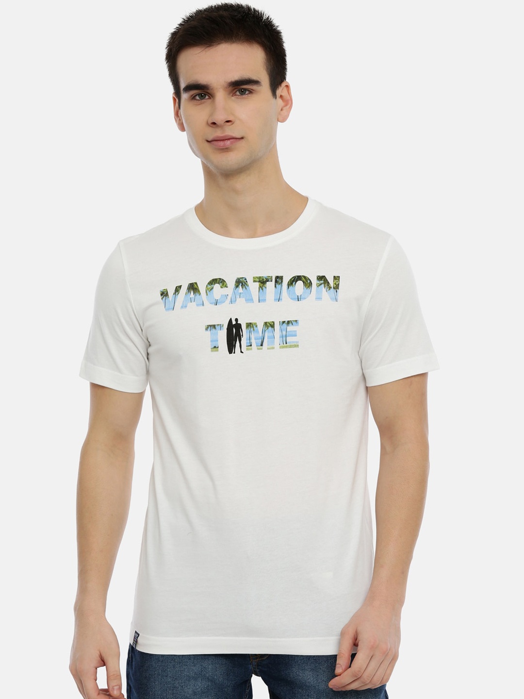 

3PIN Men White Printed Round Neck T-shirt