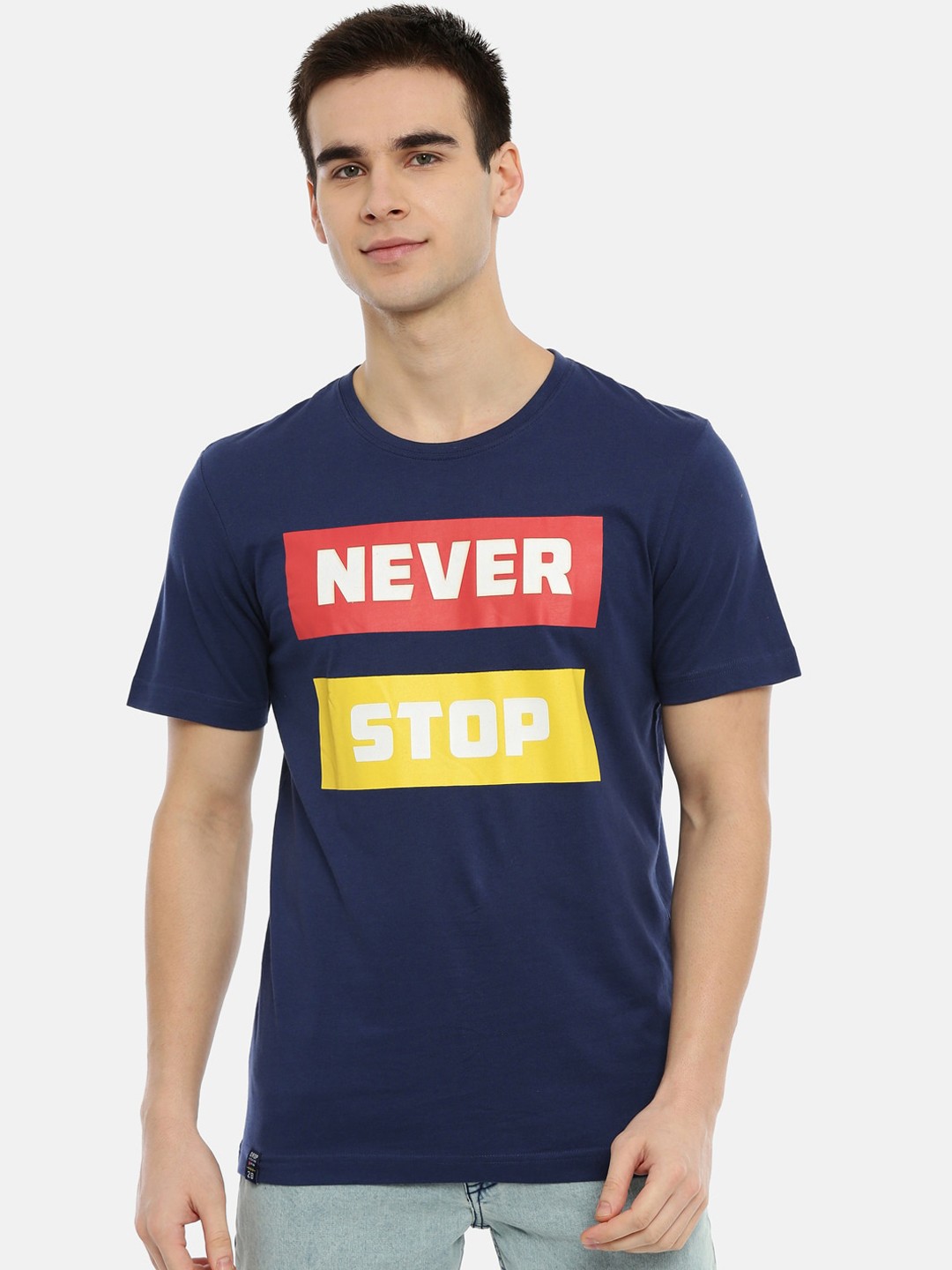 

3PIN Men Navy Blue Printed Round Neck Cotton Pure Cotton T-shirt