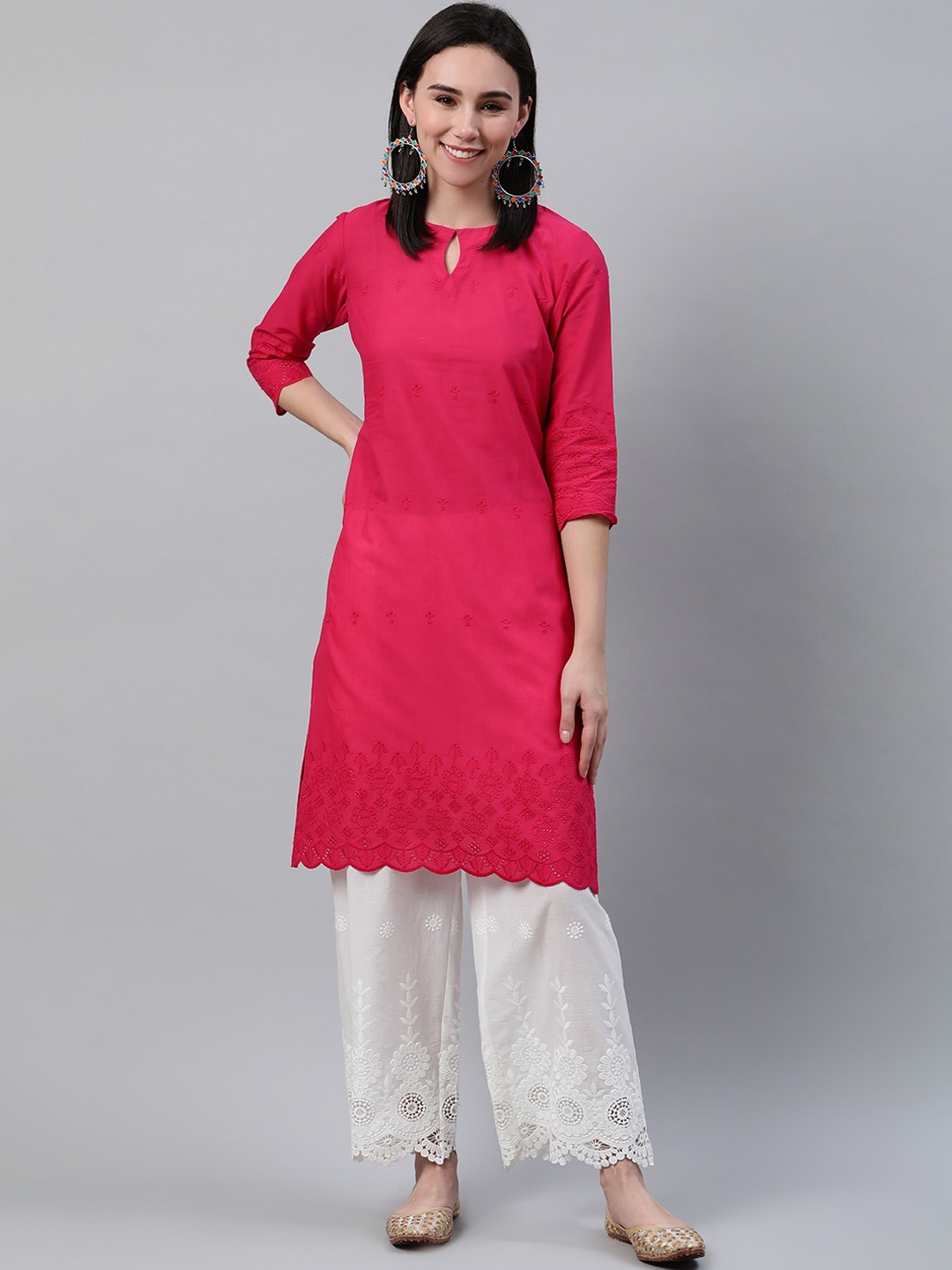 

Libas Women Pink Floral Keyhole Neck Thread Work Kurta
