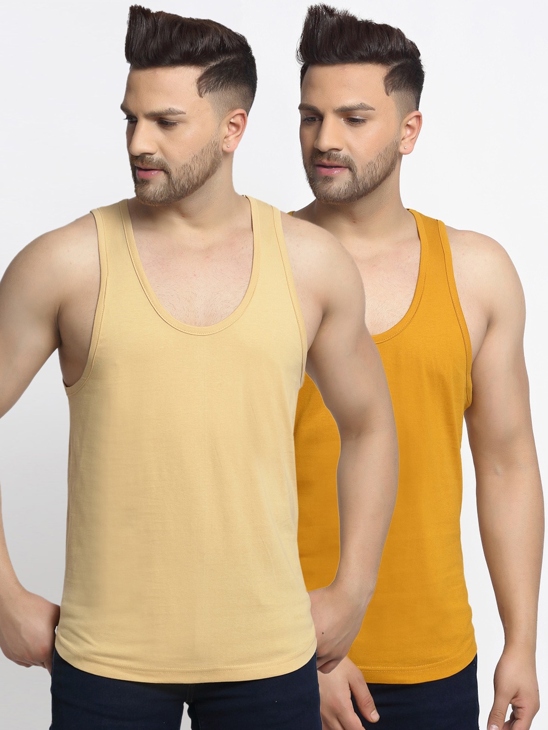 

Friskers Men Pack Of 2 Solid Gym Vests, Beige