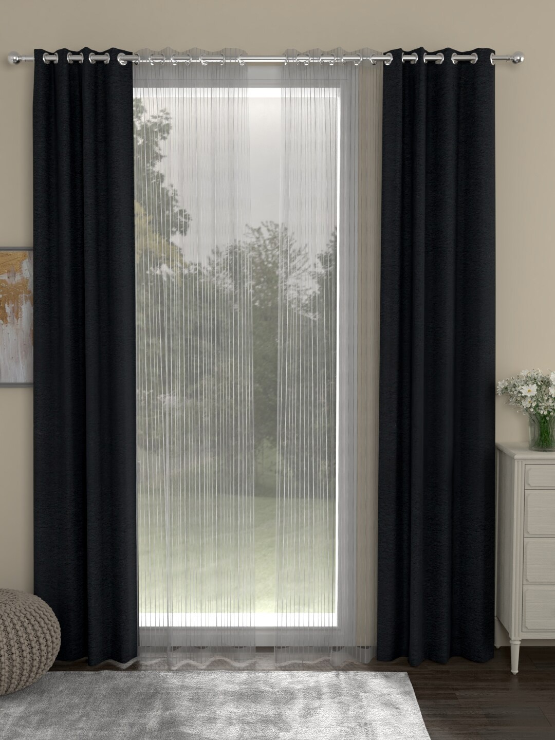 

ROSARA HOME Charcoal & Grey Velvet Striped Set of 4 Door Curtains