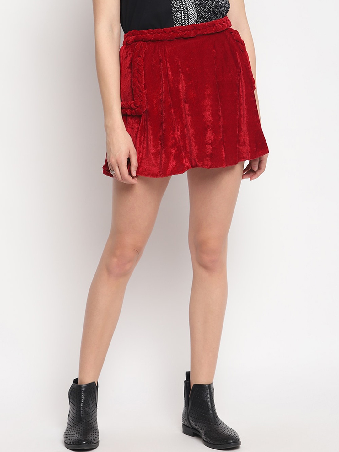 

OTORVA Women Velvet Red Solid Mini Flared Skirt