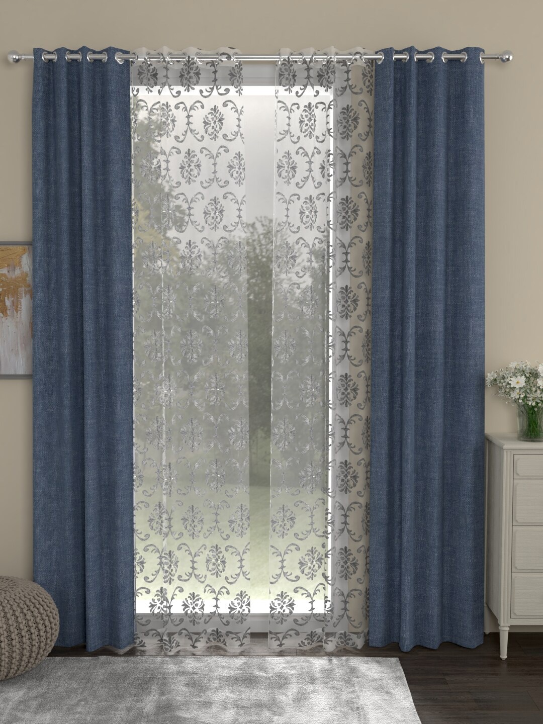 

ROSARA HOME Set Of 4 Navy Blue & Transparent Door Curtains