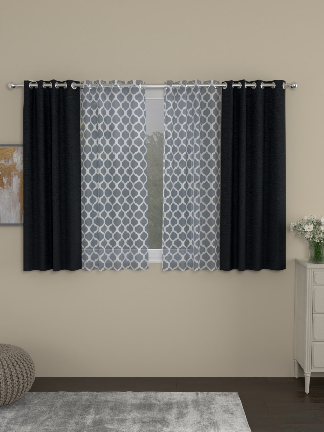 

ROSARA HOME Charcoal & White Set of 4 Window Curtains
