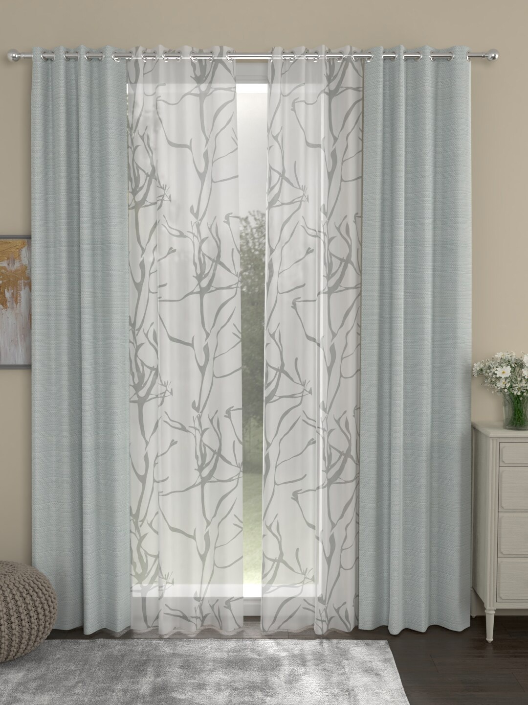 

ROSARA HOME Grey & White Set of 4 Long Door Curtains