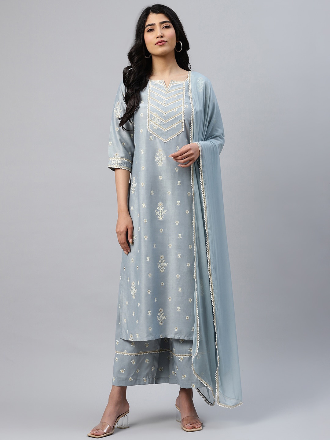 

Libas Women Grey Printed Kurta with Palazzos & Dupatta