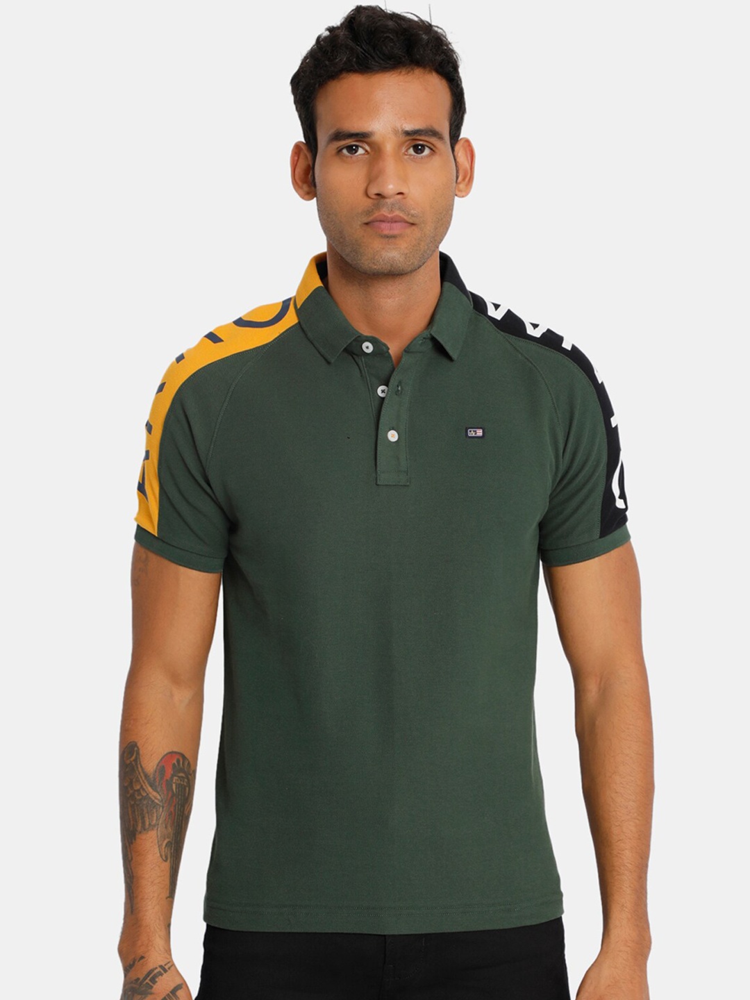 

Arrow Sport Men Olive Green Black Printed Polo Collar Pure Cotton T-shirt