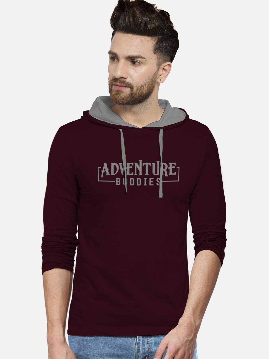 

BULLMER Men Burgundy Printed Cotton Hood Pure Cotton T-shirt