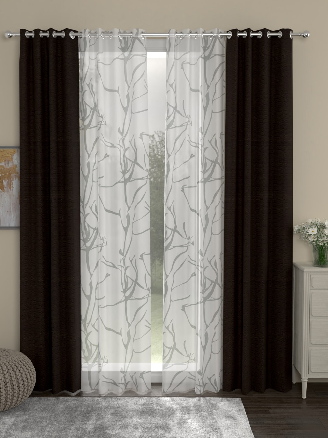 

ROSARA HOME Set Of 4 Brown & White Long Door Curtains