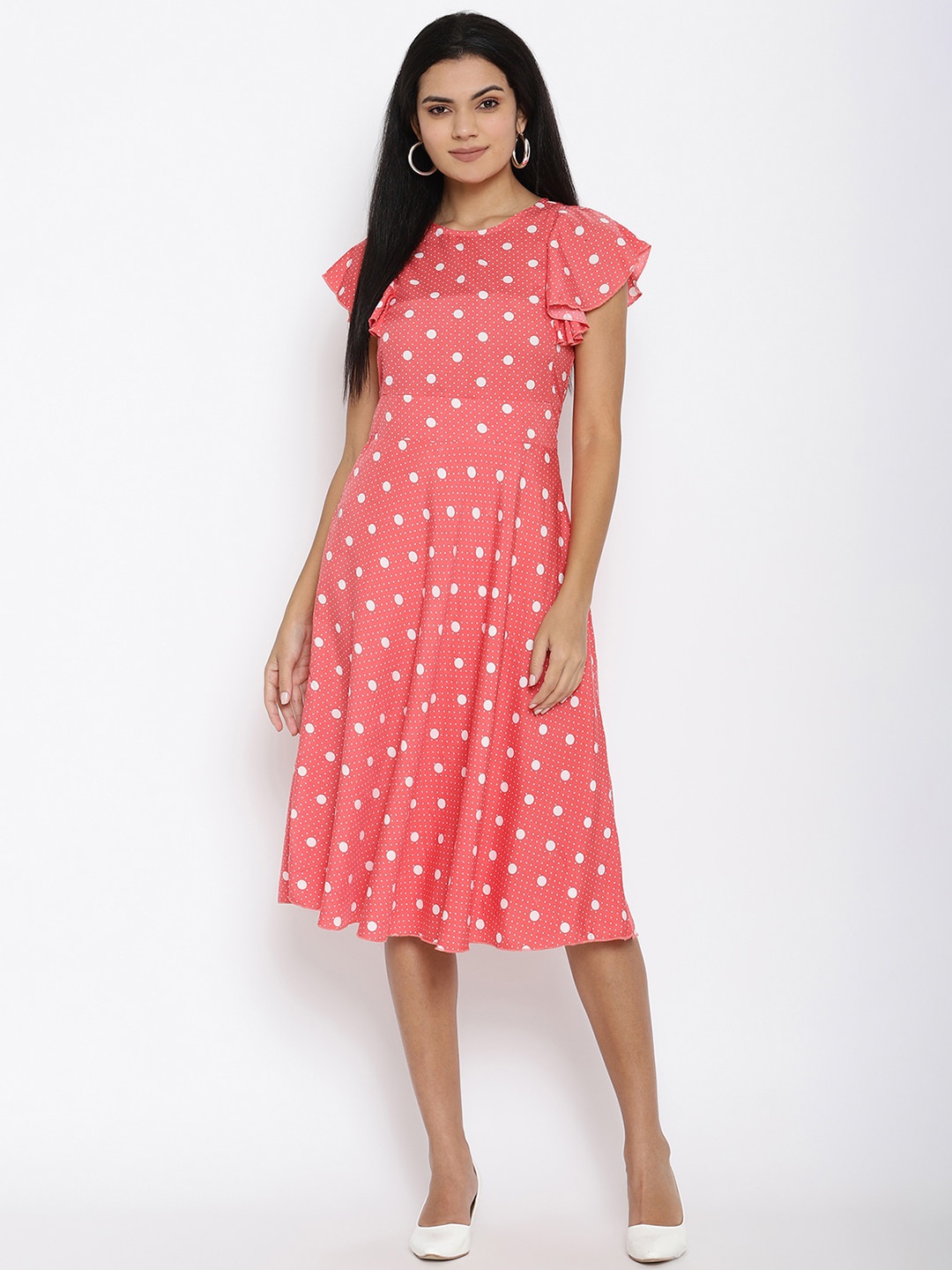 

THREAD MUSTER Women Coral Red Polka Dot Printed Fit and Flare Dress