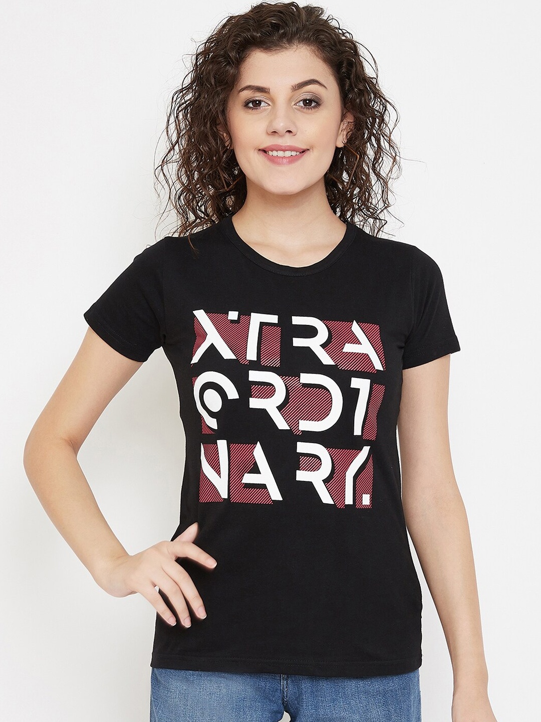 

Purple Feather Women Black Printed Round Neck T-shirt