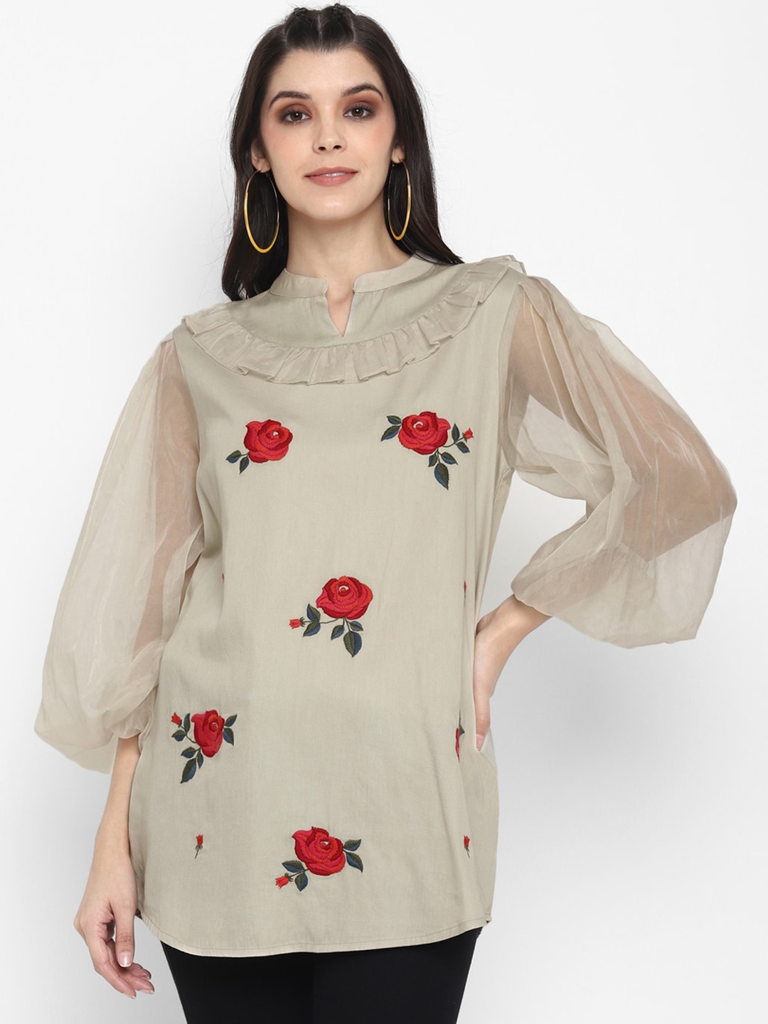 

BLANC9 Women Beige Embroidered Tunic