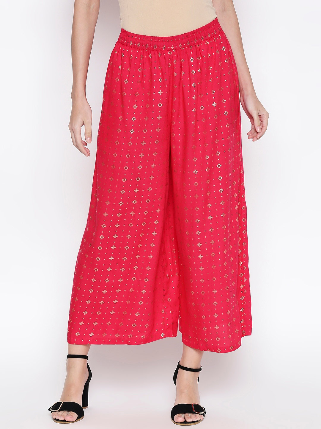 

RANGMANCH BY PANTALOONS Women Fuchsia & Gold-Toned Printed Wide Leg Palazzos