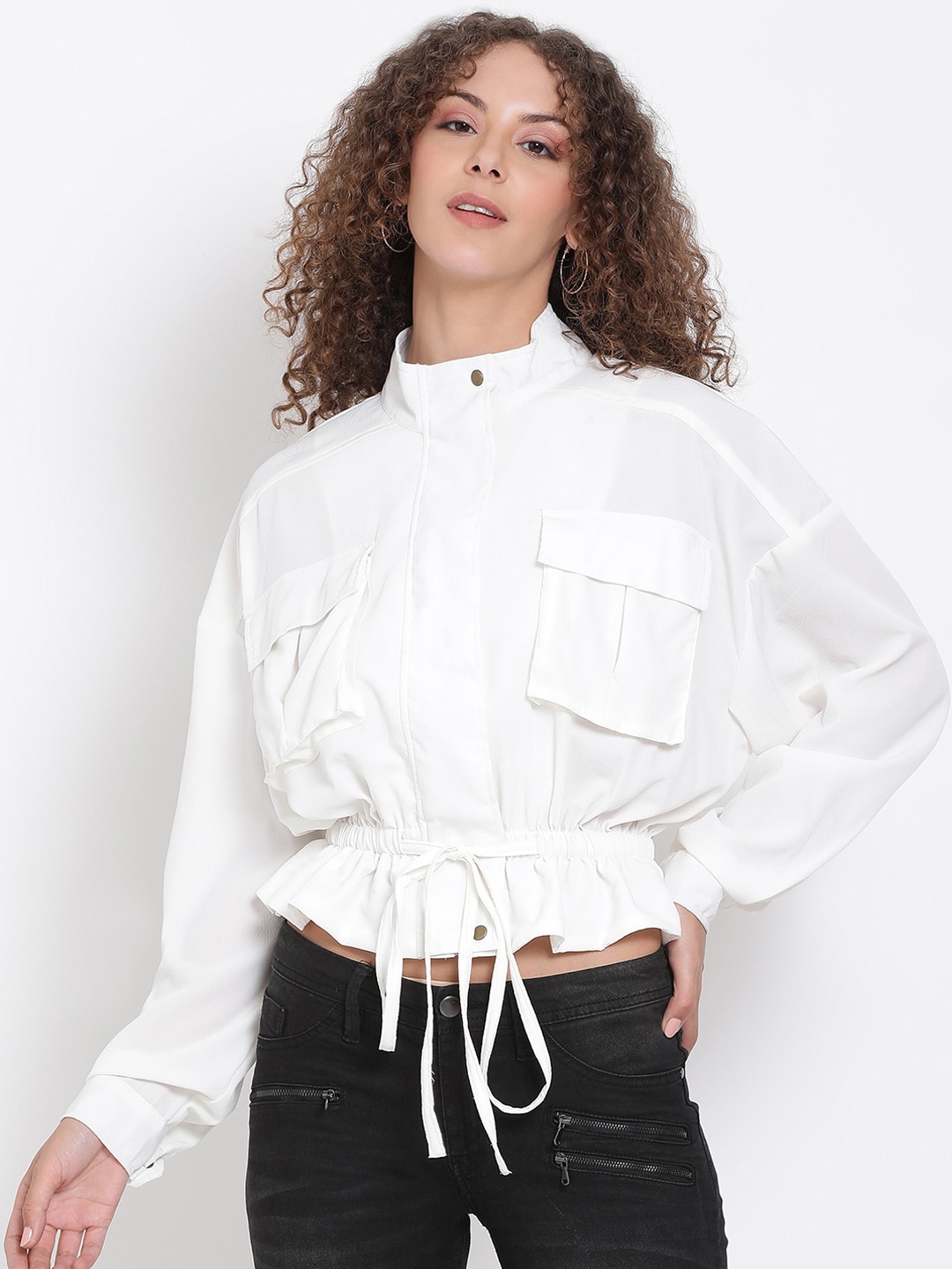 

Oxolloxo Women White Solid Tailored Tie-Up Crop Jacket