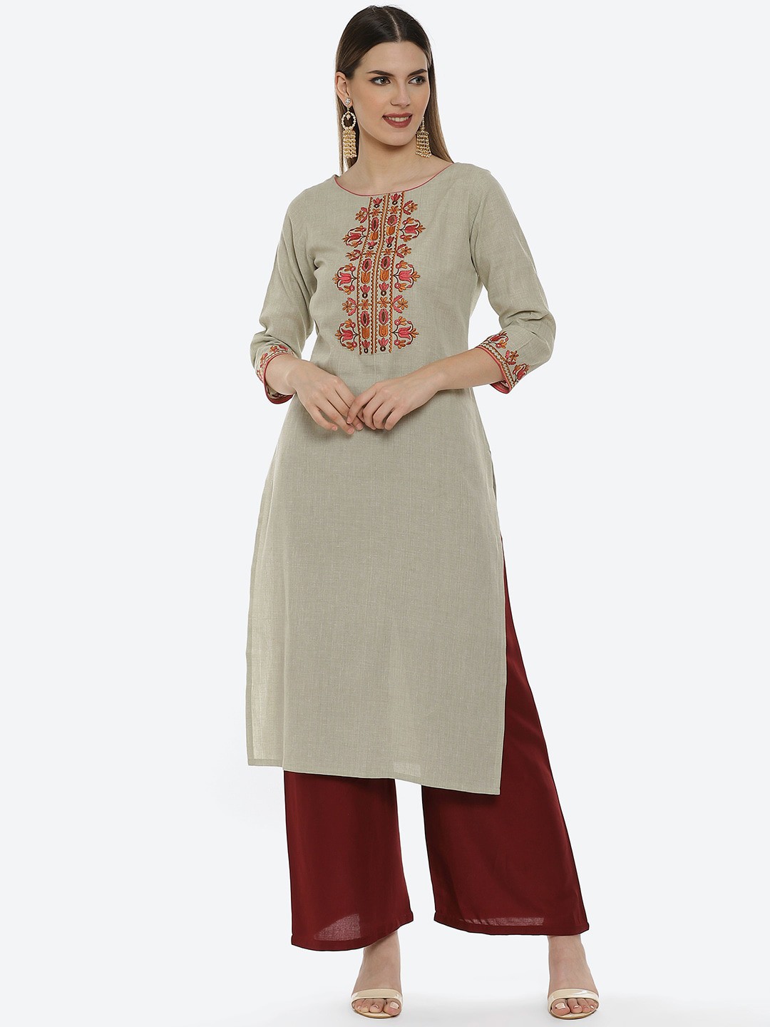 Kurti's by Menka Women Grey Floral Yoke Design Thread Work Floral Kurta